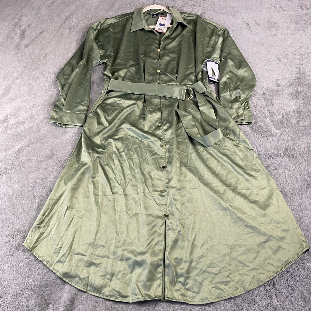 French Connection Shirt Dress Womens XXL Olive Green Long Satin Belted Office